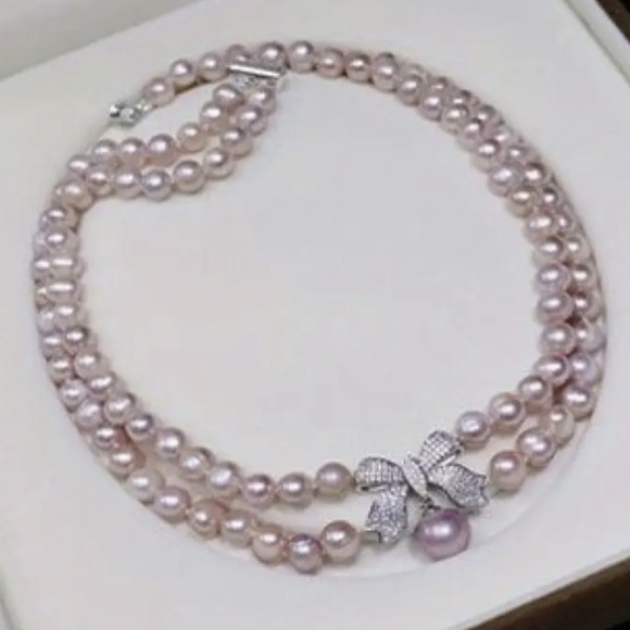 💗💗NEW💗💗 GORGEOUS!! PINK/PURPLE Freshwater Pearl With CZ Bow Necklace